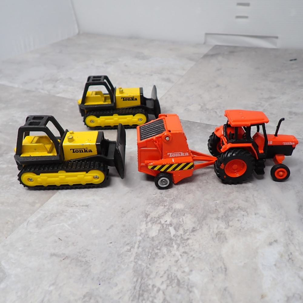 Vintage Tonka Diecast Lot 1994 Yellow Bulldozers Orange Tractor Baler Set 4pc